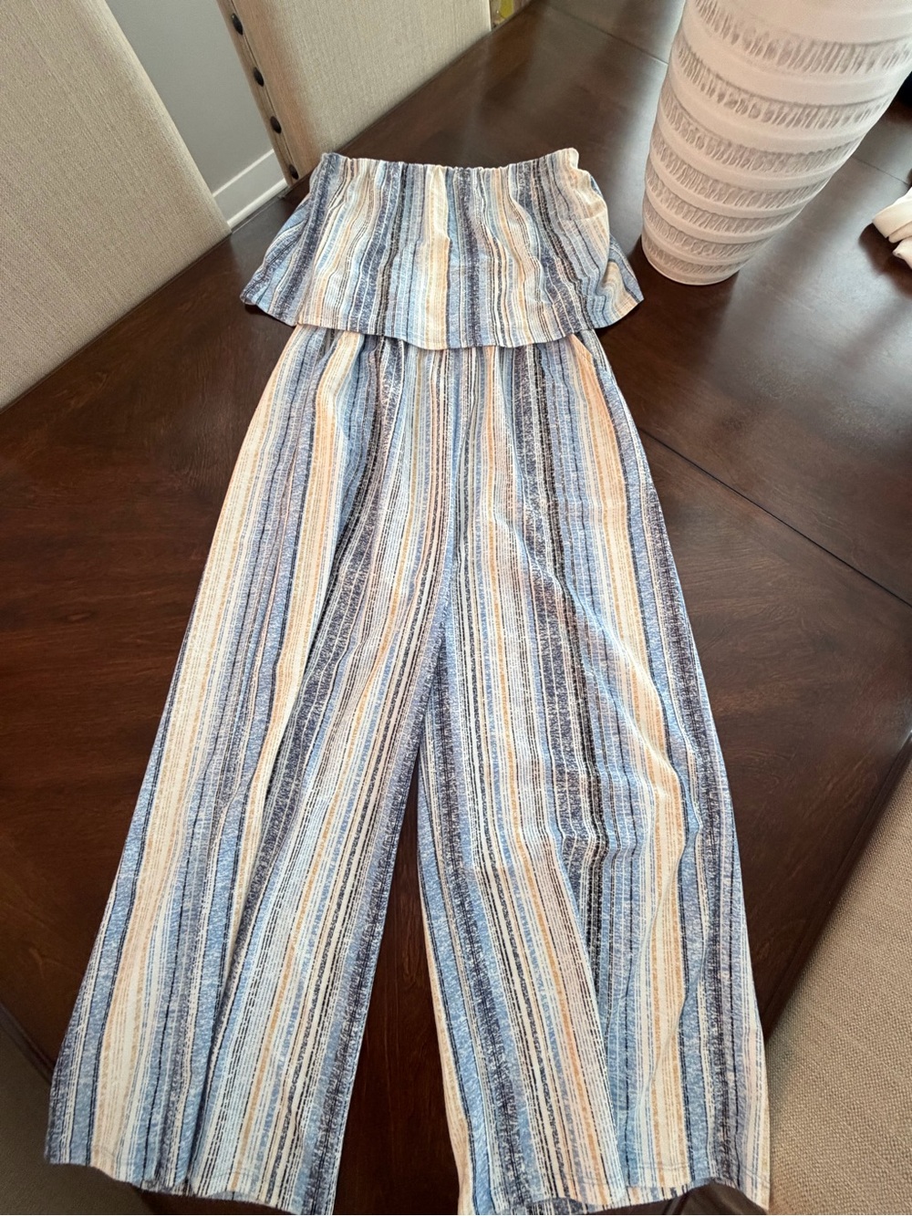 CUTE Striped Blue & Cream Strapless Wide-Leg Jumpsuit
#131